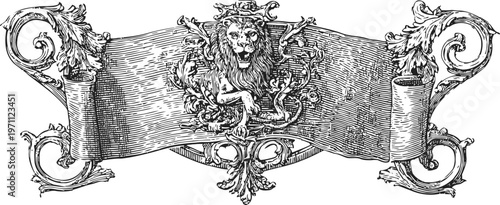 Ornate vintage scroll banner with regal lion emblem and decorative flourishing frame