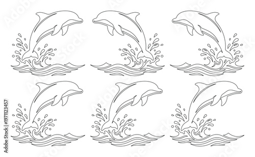 躍動感あふれるイルカのジャンプ、水しぶきと波が描かれたモノクロ線画ベクターイラスト。海の生物、水生動物のダイナミックな動きを表現したデザイン素材、6個セット。