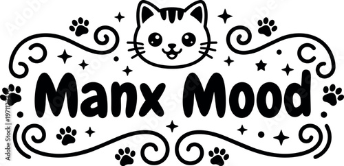 Black and white manx mood cat face with paws and swirls vector art