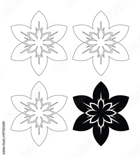 シンプルで美しい花柄のベクターイラストセット、白黒のミニマルなデザイン要素、装飾的なフローラルモチーフ、グラフィックデザインやテキスタイルに最適な4つのパターン