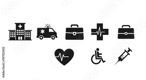 Comprehensive Healthcare Icons Pack: Hospital, Ambulance, Medical Cross, Heartbeat, Syringe, Wheelchair Symbol