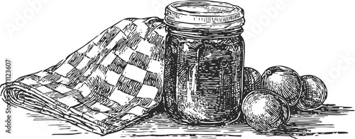 Vintage hand drawn illustration of mason jar with preserves and fresh plums beside checked napkin cloth