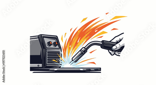 Welding machine producing bright sparks and flames with a gloved hand holding torch