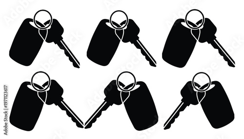 車のキーとリモコンのモノクロベクターイラストセット、自動車のセキュリティとアクセスを表す6つの異なるキーデザイン、車両管理や不動産関連プロジェクトに最適なグラフィックリソース