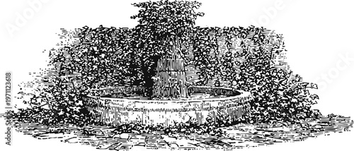 Vintage garden fountain surrounded by dense foliage and stone pavement detail