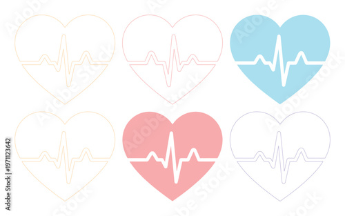 心電図の波形とハートマークのベクターイラストセット、医療や健康、愛情を表現するパステルカラーの心臓アイコン素材、ウェブサイトやアプリデザインに最適なシンプルな心拍数グラフィック