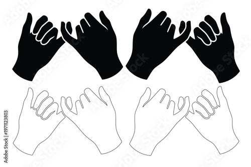 約束の指切り、友情や信頼を象徴する手と指のジェスチャー。黒と白のシルエットで表現された、絆と誓いを伝えるシンプルなベクターイラスト素材。