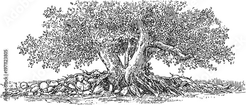 Ancient olive tree with thick trunk and sprawling roots surrounded by stones in detailed line art