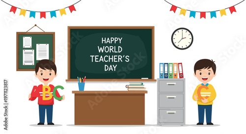 School children celebrate world teachers day in a classroom with colorful banners, books, and educational materials around the chalkboard.