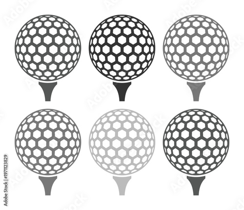 ゴルフボールとティーのモノクロベクターアイコンセット、スポーツ用品のシンプルなイラスト、ゴルフ競技やレジャー活動のシンボル、ウェブサイトやアプリデザインに最適なグラフィックリソース