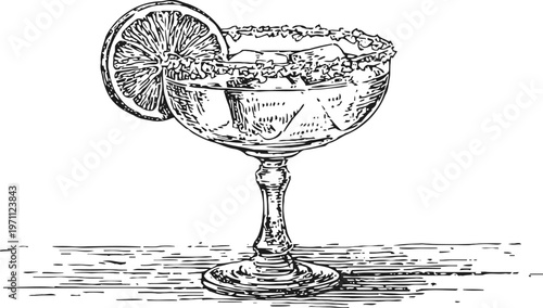 Hand drawn margarita cocktail glass with salted rim and lemon slice, classic refreshing alcoholic drink illustration