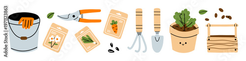 Vector cute gardening clipart collection. Bucket, pruning shear, seed packets, cultivator, trowel, potted plant, scattered seeds, wooden crate. Spring garden set for farm poster, kids book design.