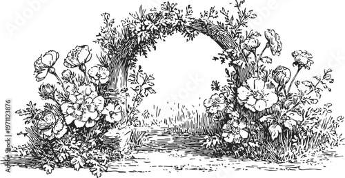 floral arch illustration with blooming wildflowers and foliage, vintage garden landscape design