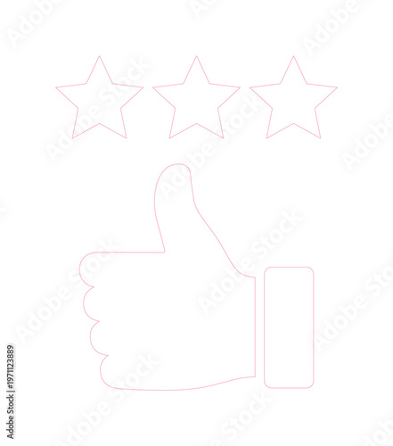 評価とフィードバックを示す、3つの星と親指を立てた手のシンプルな線画アイコン。顧客満足度、サービス品質、レビューを表現するミニマルなベクターイラスト。