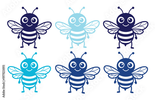 かわいいミツバチのキャラクターイラストセット、青と紺色のハチのアイコン、子供向けデザインや自然テーマのプロジェクトに最適なベクター素材