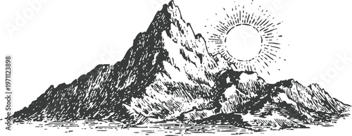 Detailed mountain landscape illustration with sun shining above rugged peaks