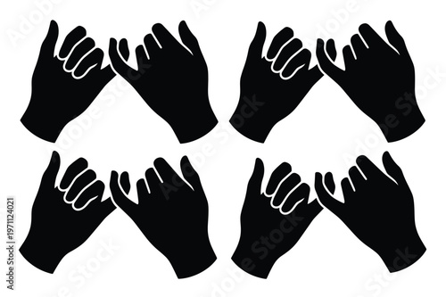 約束の指切り、信頼と友情を象徴する黒いシルエットのハンドサインベクターイラスト。絆、誓い、合意を表現するシンプルなグラフィック素材。