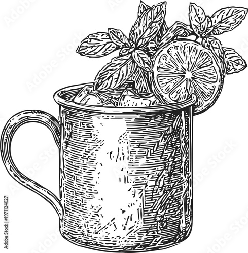 Vintage metal mug with ice, lemon slice, and fresh mint leaves, classic refreshing cocktail illustration