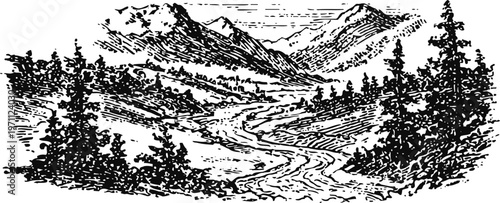 Vintage mountain landscape with pine trees and winding river valley black and white illustration