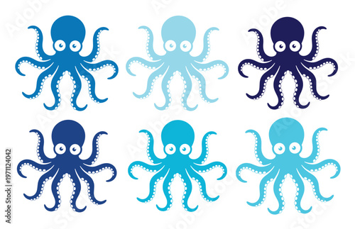 かわいいタコのベクターイラストセット、様々な青色で表現された海の生き物、子供向けデザインや水族館のテーマに最適な海洋生物のコレクション