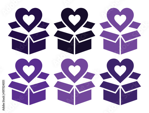 愛と感謝を伝えるハート型ギフトボックスのベクターアイコンセット、バレンタインや記念日のプレゼント、オンラインショップのプロモーションに最適な紫色と黒色のイラスト素材