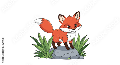 Curious red fox with a white tipped tail stands alertly on a large grey rock surrounded by tall green grass on a white background.