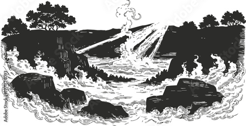 Black and white coastal landscape with rocky cliffs, turbulent sea waves, and sun rays breaking through clouds