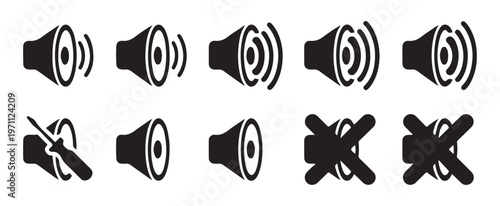 Set of diverse sound speaker volume icons with different levels of sound and mute options in black and white.