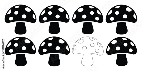 モノクロのドット柄キノコ、7つの黒いキノコと1つの線画キノコ、シンプルで可愛いイラスト素材、ベクターアイコンセット