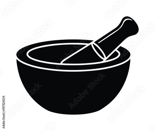 薬草やスパイスをすり潰すための乳鉢と乳棒のシンプルな黒いシルエットアイコン。料理、薬学、ハーブ療法、実験室のシンボルに最適なベクターイラスト。