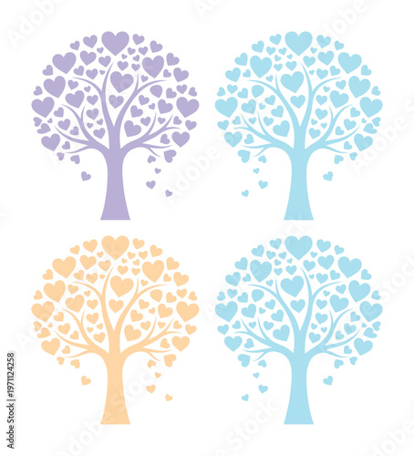 ハートの葉が茂るロマンチックな木々、愛と成長を象徴するパステルカラーのベクターイラストセット。結婚式やバレンタイン、家族の絆を表現するデザイン素材。