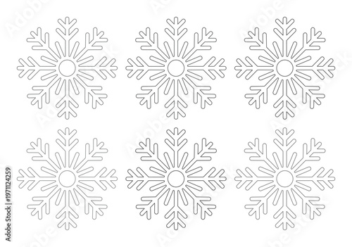 冬の季節感を演出する、シンプルで美しい雪の結晶アウトラインベクター素材セット。クリスマスや冬のイベントデザインに最適な、6種類の雪の結晶アイコンコレクション。