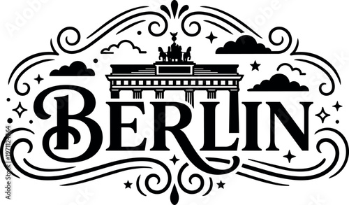 Black and white vector art berlin lettering with brandenburg gate and decorative swirls
