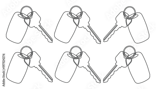 シンプルな鍵とキーホルダーのモノクロ線画イラストセット。セキュリティ、アクセス、プライバシーを象徴するベクターアイコン素材。ビジネス、不動産、自動車関連デザインに最適。