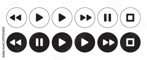 Collection of circular media player icons for rewind, play, pause, fast forward, and stop functions in white.