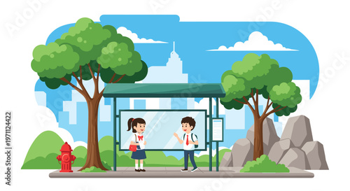 Two school students in uniform wait and talk at a modern city bus stop surrounded by green trees, rocks, and a fire hydrant.