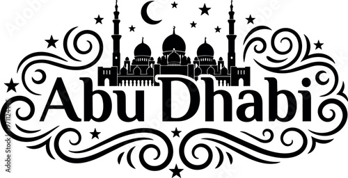 Silhouette of sheikh zayed grand mosque with abu dhabi text and decorative swirls vector art