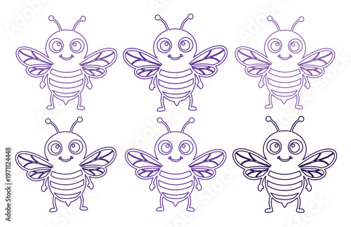 かわいいミツバチの線画イラストセット、6匹のハチが並ぶシンプルなベクターアート、子供向けデザインや教育素材に最適な昆虫のアイコンコレクション