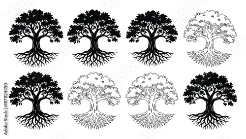 生命の木、力強い根と豊かな葉を持つシンボリックな樹木のベクターイラストセット。自然、成長、繋がりを表現するデザイン素材。
