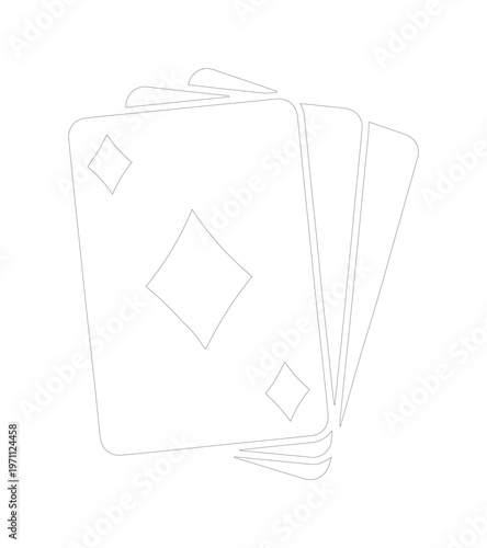 トランプのダイヤのカードが重なり合うシンプルな線画ベクターイラスト、カジノやゲーム、エンターテイメントのアイコン素材、白黒のミニマルなデザイン