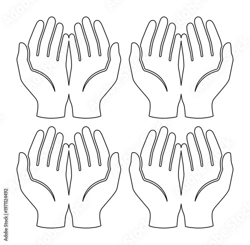 祈る手、手のひらを上にして開いた手、懇願や感謝を表現するシンプルな線画ベクターイラストセット、宗教的儀式や精神的なテーマに最適