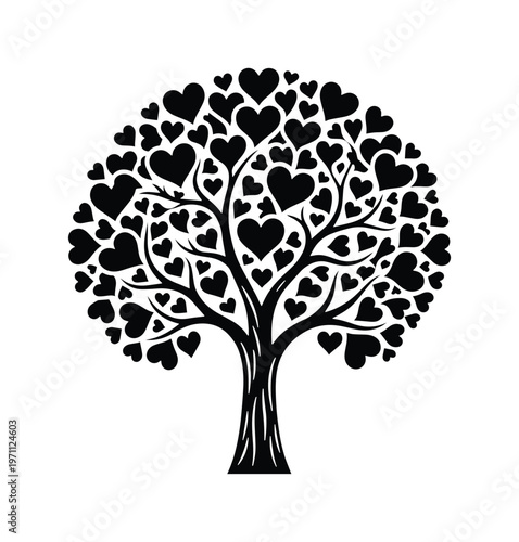 愛と生命を象徴するハートの葉を持つ木、ロマンチックなデザインのベクターイラスト、結婚式やバレンタインデーに最適なシンボル