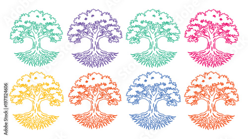 生命の木、カラフルなベクターイラストセット。繁栄と成長を象徴する、根と葉が豊かなツリーオブライフのアイコンコレクション。自然、スピリチュアル、環境デザインに最適な8種類のデザイン。