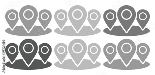 位置情報アイコンセット、地図上のピンとGPSマーカーのベクターイラスト。場所、ナビゲーション、目的地を示すシンプルなモノクロデザイン。
