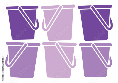 様々な紫色のバケツが6つ並んだ、シンプルで使いやすいベクターイラスト素材。掃除、ガーデニング、水やり、砂遊びなど、幅広い用途に活用できる汎用性の高いデザイン。