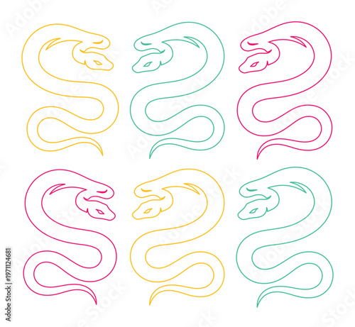 双頭の蛇のベクターイラストセット、神秘的な生き物のカラフルなアウトラインアイコン、神話やファンタジーをテーマにしたデザイン素材、タトゥーやロゴに最適なシンボルコレクション