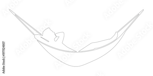 ハンモックでリラックスする人物のミニマルな線画イラスト、休息と自由を象徴するシンプルなベクターアイコン、休暇やレジャーのコンセプトデザイン素材