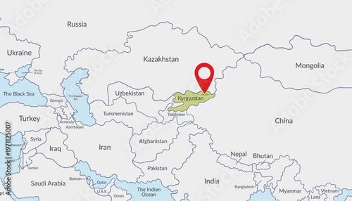 Kyrgyzstan on a political map with location marker3. Travel concept. Vector flat template.