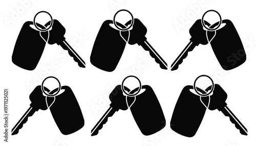 車の鍵とキーホルダーのシンプルなモノクロベクターイラストセット、自動車のセキュリティとアクセスを示す6つのキーアイコン、不動産やレンタカービジネス向けのグラフィックリソース