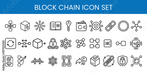 Blockchain Icon Set Line Outline for Crypto, NFT, Web3, Security, Network